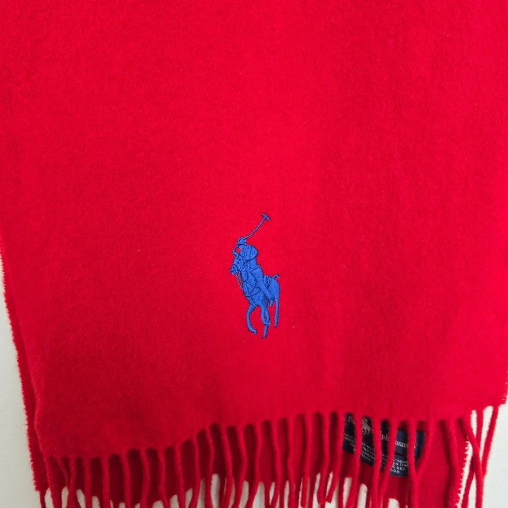 Vintage Polo Ralph Lauren Mens Quiet Luxury Lambswool Fringe Scarf Red Americana